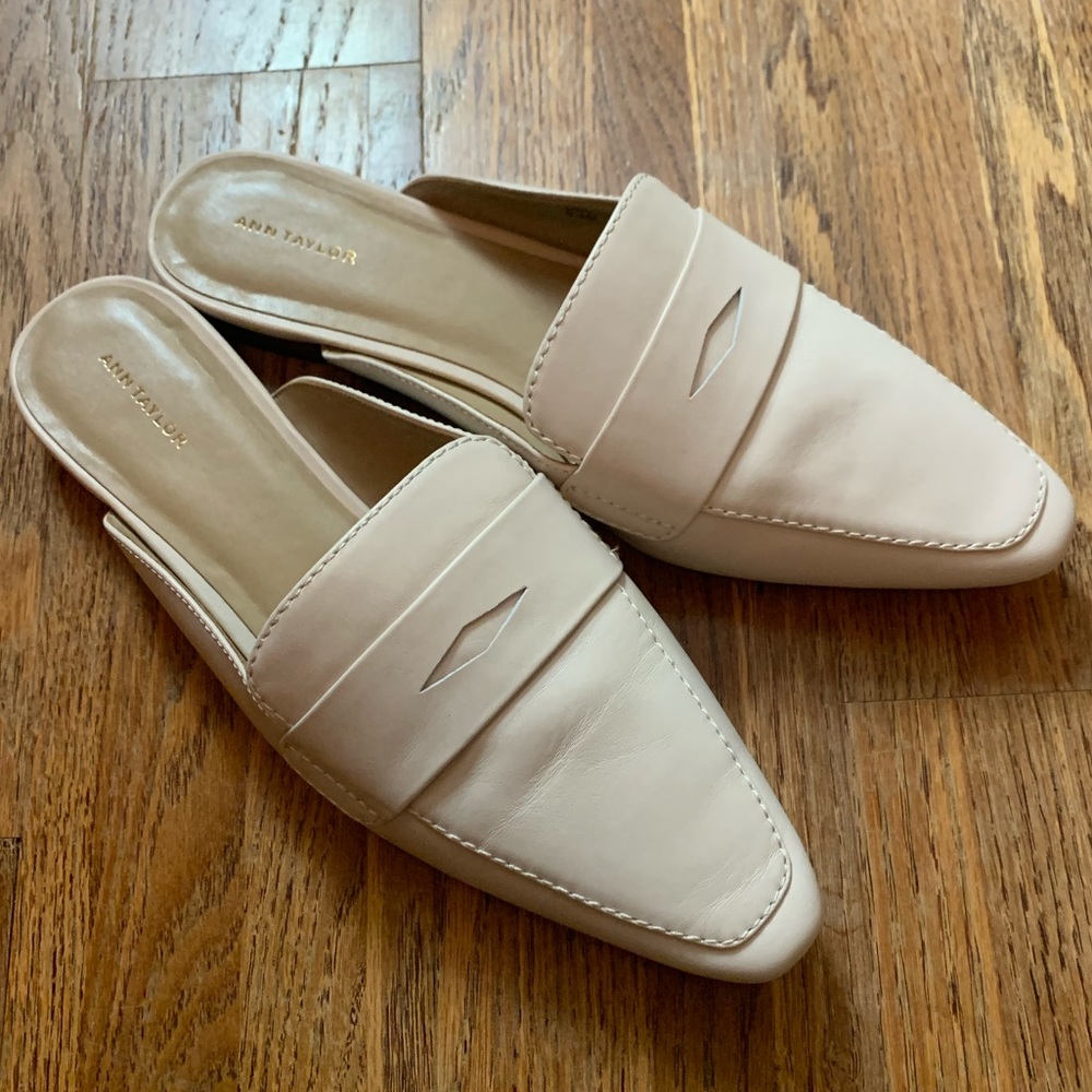 Ann Taylor Winter White Penny Loafer Leather Mules, 9.5